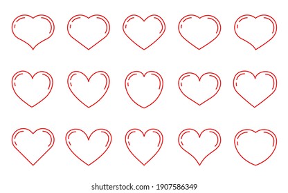 Heart thin red line icon set. Abstract different shape romantic symbol Valentines Day. Empty frame love decorative element template for wedding invitation card. Isolated on white vector illustration