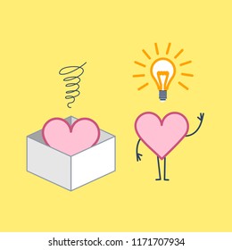 Heart thinking out of the box. Vector concept illustration of heart in the box and out of the box with new idea | flat design linear infographic icon on yellow background