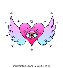 Heart with third eye in neon pink and blue tones, surrounded by stars, gradient colors, psychedelic concept.