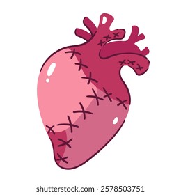 Heart with thread stitches, anti Valentine's day concept, vector illustration. Hand drawn non romantic symbol. Alternative Valentine day icon.