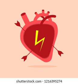 Heart with three nails and a ray of force. vector, illustration.