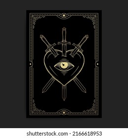 Heart with three swords and one eye in golden engraving style