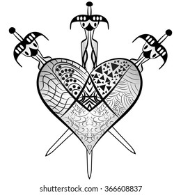 heart and three swords vector illustration in Zen-tangle style