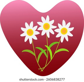 A heart with three white flowers in it. The flowers are in the center of the heart and are surrounded by green leaves. Concept of love and beauty