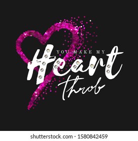 heart throb slogan with pink sequins heart illustration