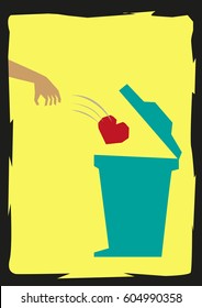 A heart is thrown into a garbage bin flat art. Editable Clip Art.
