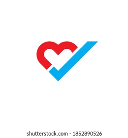 Heart Tick Icon Flat Design. Heart With Checkmark Symbol. New Red Heart And Blue Tick Icon Illustration On White Background. Heart Check Logo Design Template