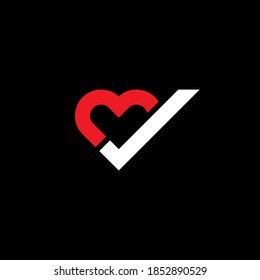 Heart tick icon flat design. Heart with checkmark symbol. New Red Heart and white tick icon illustration on black background. Heart Check Logo Design Template