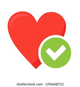 Heart Tick Icon Vector Illustration, Flat Healthy Heart With Checkmark Symbol, Health Icon For Websites Or App. 