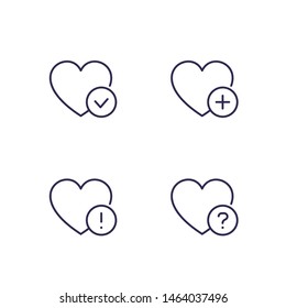 heart and tick, plus, exclamation mark, vector line icons