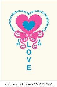 Heart with tie and ornaments, blue and red. Card, invitation, background, etc.