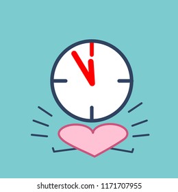 Heart in time pressure. Vector concept illustration of heart burdened with clocks | flat design linear infographic icon on violet background