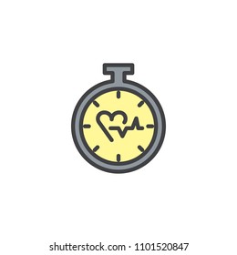 Heart Timer filled outline icon, line vector sign, linear colorful pictogram isolated on white. Stopwatch with heartbeat symbol, logo illustration. Pixel perfect vector graphics