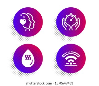 Heart, Timer and Hot water icons simple set. Halftone dots button. Wifi sign. Love head, Deadline management, Aqua drop. Wireless internet. Business set. Classic flat heart icon. Vector