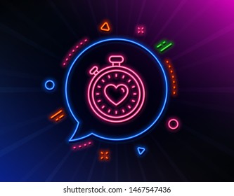 Heart in Timer line icon. Neon laser lights. Love symbol. Valentines day stopwatch sign. Glow laser speech bubble. Neon lights chat bubble. Banner badge with heartbeat timer icon. Vector