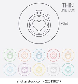 Heart Timer sign icon. Stopwatch symbol. Heartbeat palpitation. Thin line circle web icons with outline. Vector