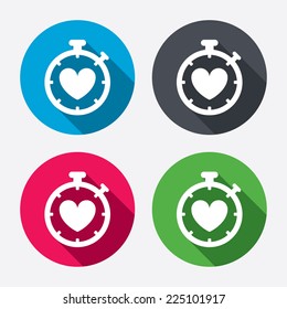Heart Timer sign icon. Stopwatch symbol. Heartbeat palpitation. Circle buttons with long shadow. 4 icons set. Vector