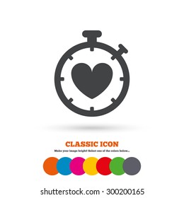 Heart Timer sign icon. Stopwatch symbol. Heartbeat palpitation. Classic flat icon. Colored circles. Vector