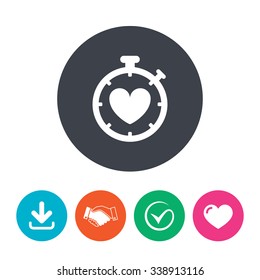 Heart Timer sign icon. Stopwatch symbol. Heartbeat palpitation. Download arrow, handshake, tick and heart. Flat circle buttons.