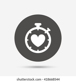 Heart Timer sign icon. Stopwatch symbol. Heartbeat palpitation. Gray circle button with icon. Vector