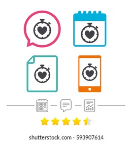 Heart Timer sign icon. Stopwatch symbol. Heartbeat palpitation. Calendar, chat speech bubble and report linear icons. Star vote ranking. Vector