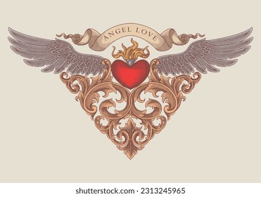 heart with torch, wings, banner and gold floral ornament, Vintage engraving drawing style, antique design vector illustration