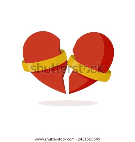 Heart torn by wedding rings. Family divorce concept. Vector illustration.