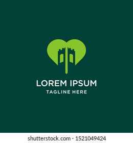 Heart Tower  Abstract Logo Vector Design Template . on green background .