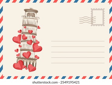 Heart Tower of Pisa postcard. Romantic, vectoral greeting card design for new year.