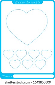 Heart. Tracing. Learn to write. Preschool worksheet for practicing fine motor skills - tracing dashed lines. Tracing Worksheet.  Illustration and vector outline