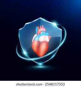 Heart in translucent glass shield modern. Surrounded by glowing ring safety guardian. Human anatomy organ on blue background. Medical health care immunity and protection concept. Vector EPS10.