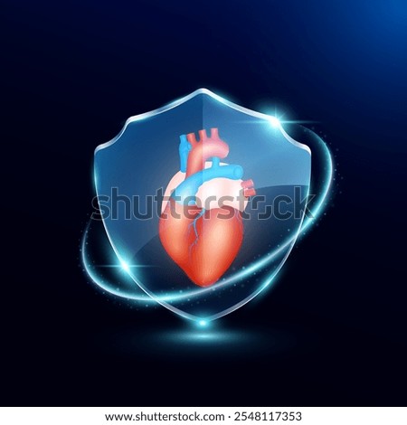 Heart in translucent glass shield modern. Surrounded by glowing ring safety guardian. Human anatomy organ on blue background. Medical health care immunity and protection concept. Vector EPS10.