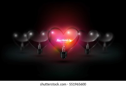 Heart Transparent Glass Light Bulb And Glow Happy Valentines Day Lettering On Red Background With Valentine's Day Concept, Vector Background