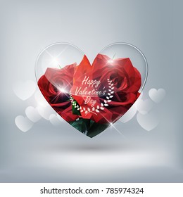 Heart transparent glass and red rose low poly style on heart bokeh background with Valentine's day concept, vector background