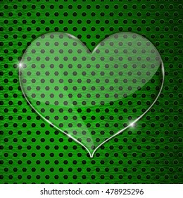 Heart transparent plate on green perforated background. Vector illustration