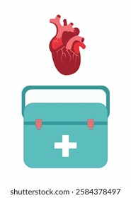 Heart transplant carrying case. Human heart transplantation case for organ transplantation. Heart and vessels anatomy organ. Donor medicine patient help donation vector illustration.