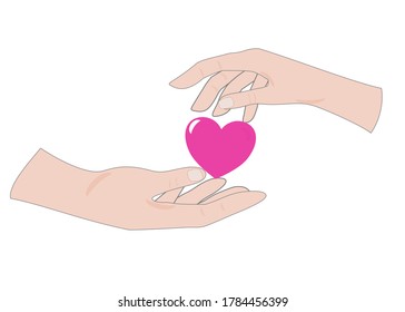 Heart transplant and organ donation concept . There’s a hand giving a heart to another one’s hand . Isolate on white background.