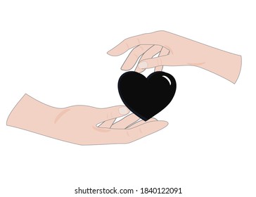 Heart transplant and organ donation concept . There’s a hand giving a heart to another one’s hand . Isolate on white background.