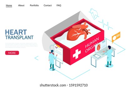Heart transplant vector website template, web page and landing page design for website and mobile site development. Human organ donation isometric composition with huge donor heart in case and doctors
