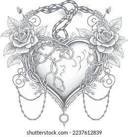 Heart trapped by roses and chains