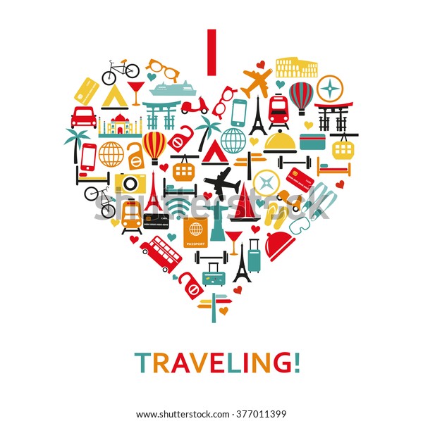 Heart from\
travel icons isolated on white.\
Vector