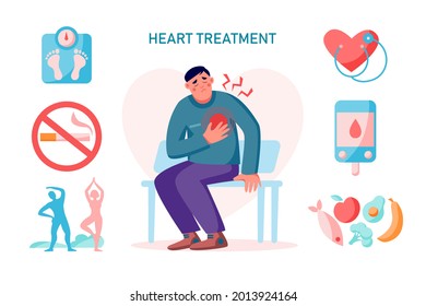 Heart Treatment Cardiovascular Problem,  Infographics With Man And Heart Pain. Healthy Lifestyle Concept. Vector Flat Illustration.Weight Scale, Heart, Exercise, Food, Diabetes Control