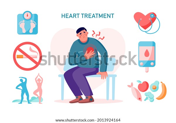 Heart\
treatment cardiovascular problem,  infographics with man and heart\
pain. Healthy lifestyle concept. Vector flat illustration.Weight\
scale, heart, exercise, food, diabetes\
control