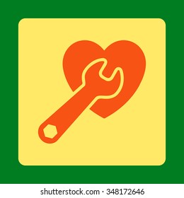 Heart Treatment vector icon. Style is flat rounded square button, orange and yellow colors, green background.