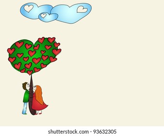 heart tree and clouds background with boy and girl. vector illustration