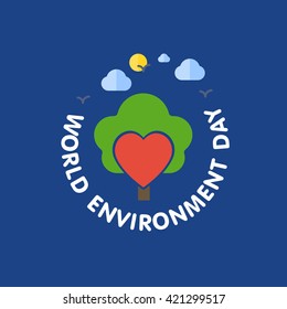 heart and tree with clouds and birds with round text label. World Environment Day vector illustration