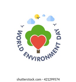 heart and tree with clouds and birds with round text label. World Environment Day vector illustration