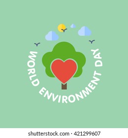 heart and tree with clouds and birds with round text label. World Environment Day vector illustration
