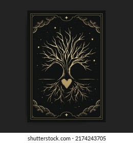 Heart of a tree with engraving, hand drawn, luxury, celestial, esoteric, boho style, fit for spiritualist, religious, paranormal, tarot reader, astrologer or tattoo