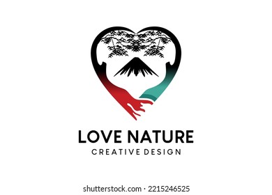 Diseño del logo del árbol del corazón con montañas, ilustración del vector del amor de la naturaleza
